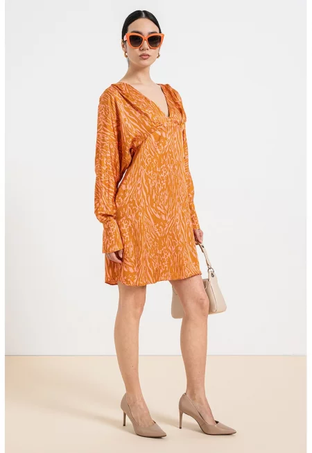 Къса сатинирана рокля - Оранжев/Розово
