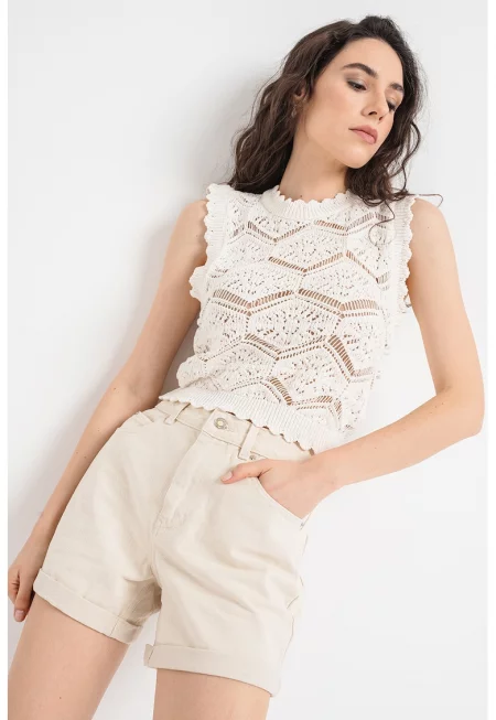 Къси дънки Zuri с висока талия - Светло бежово