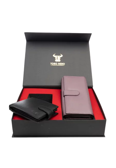 Комплект дамски портфейл и мъжки портфейл - Reset-Viki -естествена кожа - черно-люляк