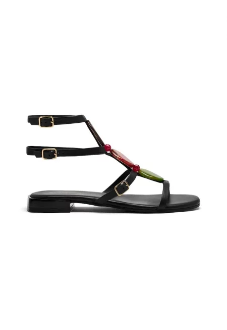 Кожени сандали с цветни мъниста - Черен