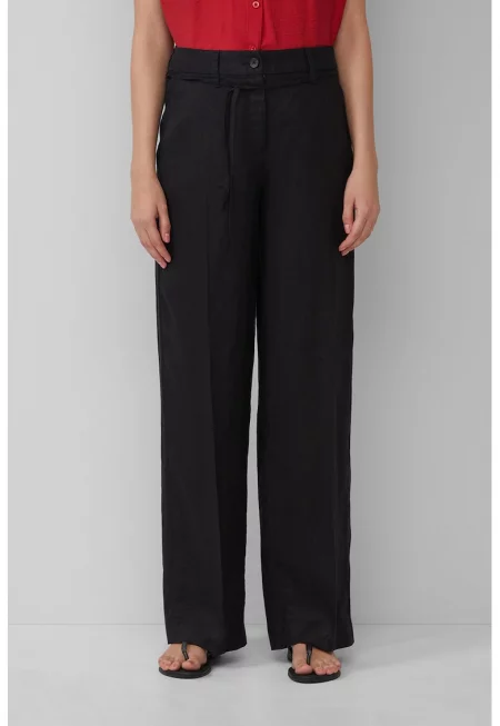 Ленен панталон с висока талия - Черен