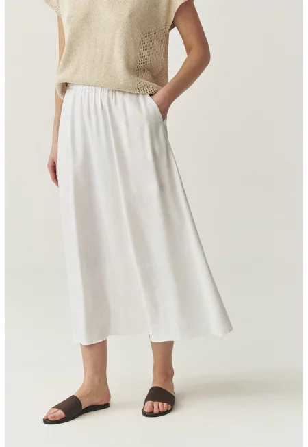 Миди пола с лен и еластична талия - Бял
