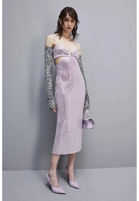 Миди рокля с пайети и странични изрези - Бял