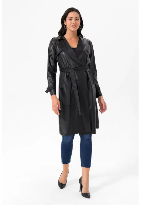 Палто от еко кожа с овални ревери