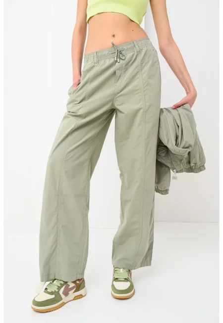 Памучен панталон с широк крачол и еластична талия - Бледозелен