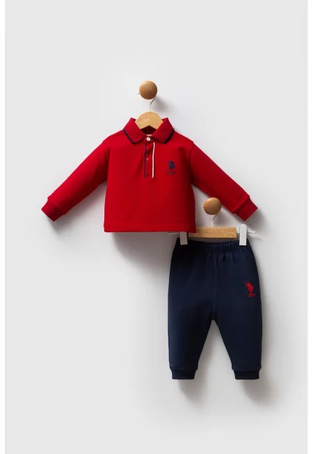 Памучна блуза с яка и спортен панталон - 2 части - Червен/Ултрамарин синьо