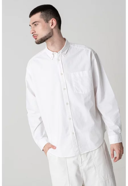 Памучна риза със свободна кройка и копчета на яката - Бял