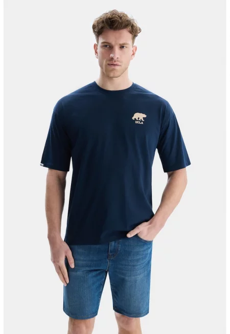 Памучна тениска Alves с овално деколте - Тъмносин