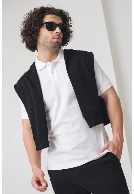 Памучна тениска с яка - Бял