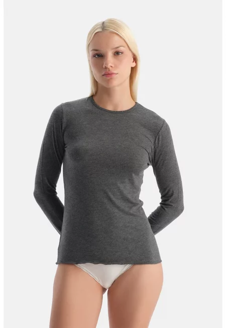 Пижамена слим блуза с кашмир - Меланж тъмно сиво -