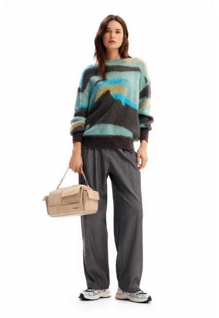 Пуловер с овално деколте - Пастелносин/Избеляло черно/Петролно синьо