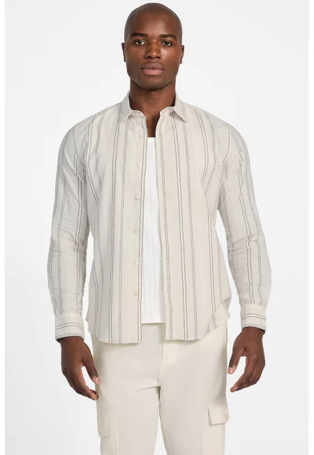 Раирана риза с лен - Слонова кост/Черен