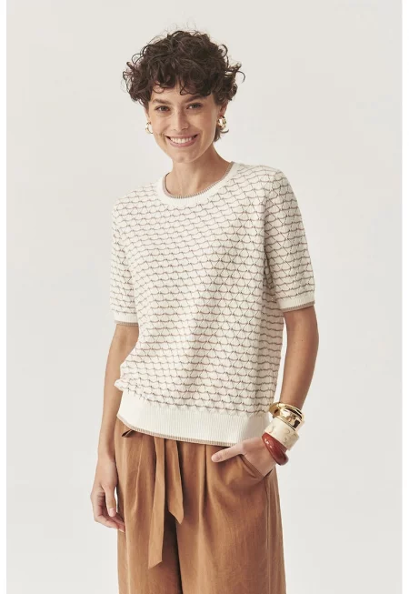 Раирана тениска от кроше - Слонова кост/Кафяв