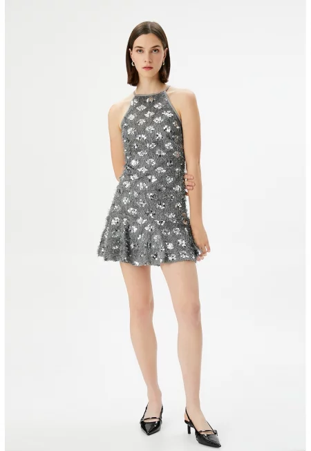 Разкроена рокля с пайети - Сребрист