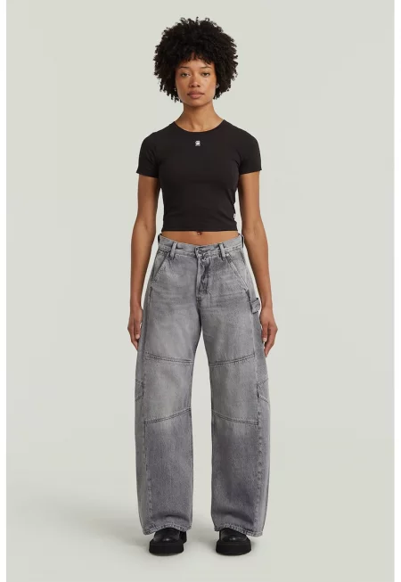 Разкроени памучни дънки с миди талия - Сив меланж