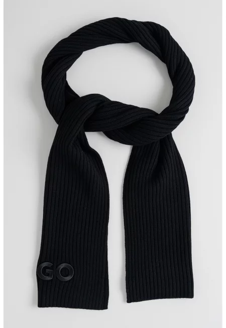 Рипсен шал от необработена вълна с лого - Черен