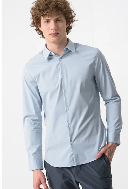 Риза с памук с остра яка - Пастелносин