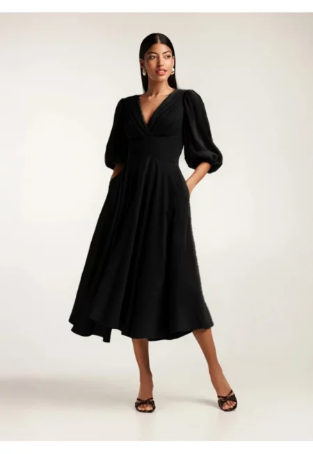Rochie midi din amestesc de in cu drapaje si maneci bufante Swan - Черен