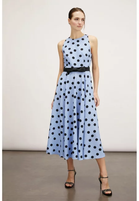 Рокля на точки с панделка - Черен/Светлосин