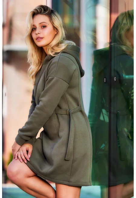 Рокля от памучна смес с шнур и качулка