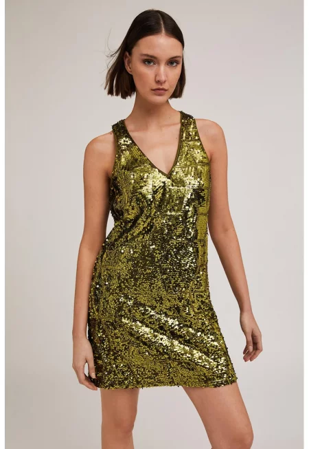 Рокля с шпиц и пайети - Маслинено зелено