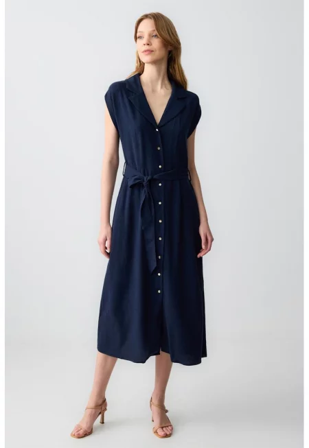 Рокля тип риза с лен - Тъмносин