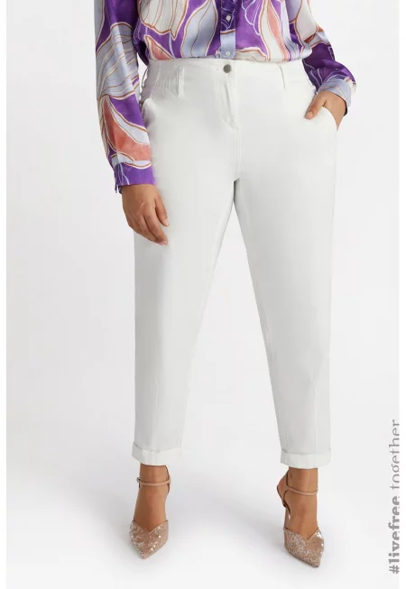 Скосени дънки с висока талия и навити маншети - Бял