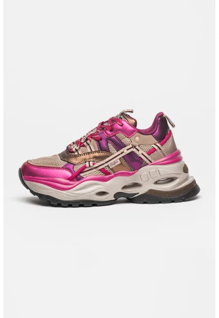 Скосени мрежести спортни обувки със синтетика - Сиво-кафяв/Тъмнокафяв/Аметист