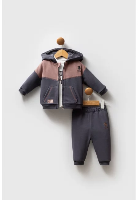 Спортен екип в цветен блок - 3 части - Бял/Кафяв/Антрацитно сиво