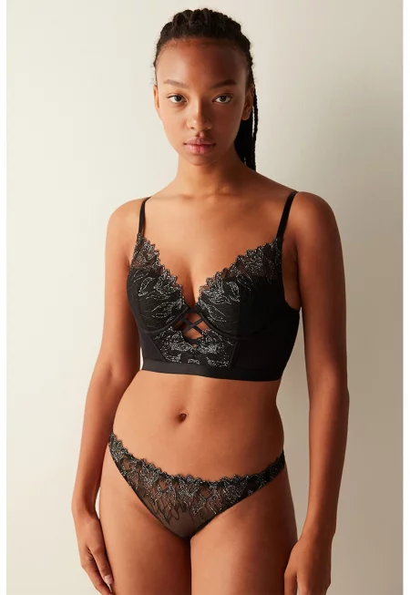 Сутиен с издължен дизайн и бляскави детайли - Черен