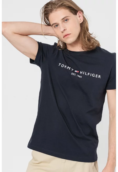 Тениска от органичен памук с лого и надписи - Ултрамарин синьо