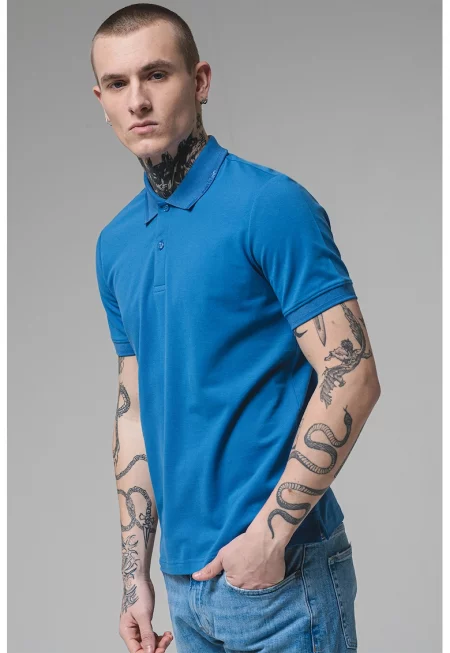 Тениска с органичен памук с яка - Пастелносин