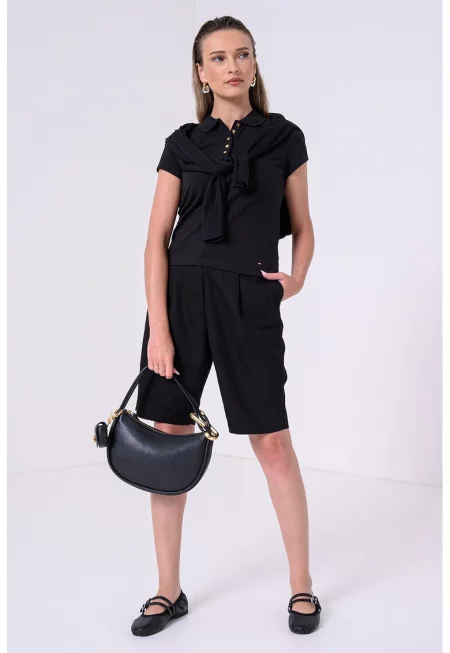 Тениска с памук и яка - Черен