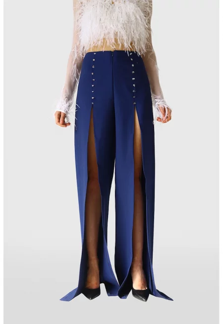 Вълнен панталон с висока талия - Син