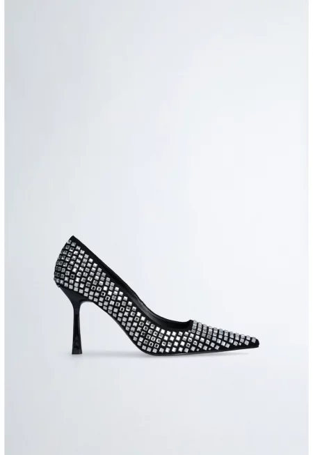 Велурени обувки с ток стилето и декоративни камъни - Черен
