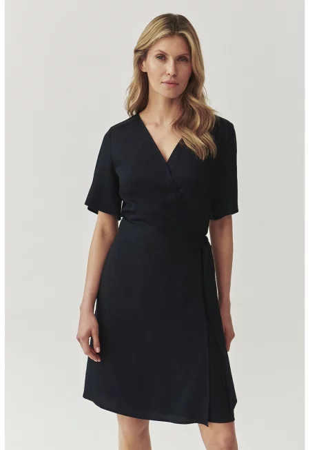 Застъпена рокля от лиосел с разкроени ръкави - Черен