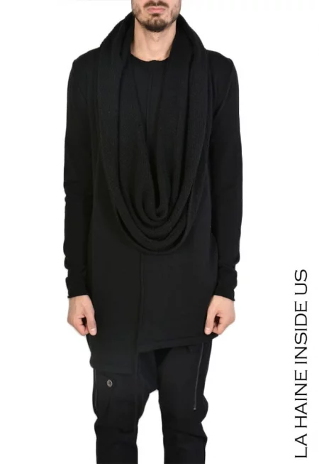 Асиметричен дълъг пуловер с голяма яка тип шал - Черен