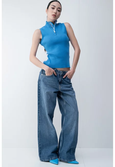 Блуза без ръкави - с къс цип - Син