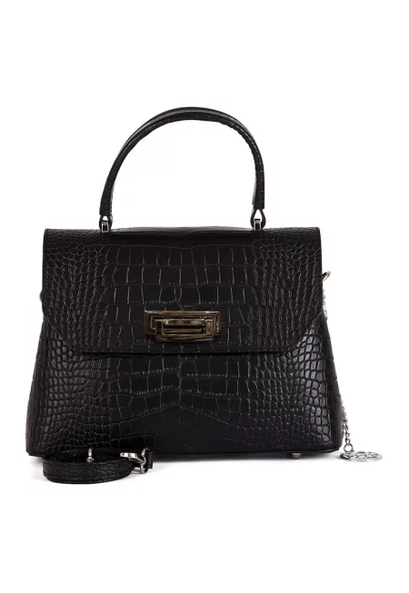 Чанта  Кожа - с шарка на влечуги - Черен - 28 x 20 x 12 cm