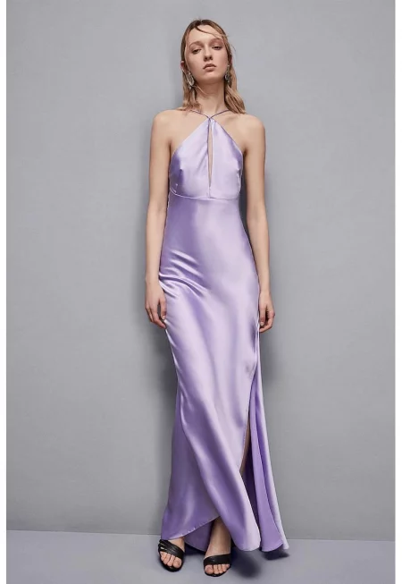Дълга рокля с тънки презрамки и гол гръб - Лилав