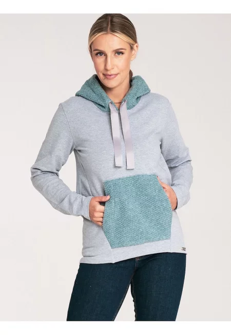 Дамски суичър  вълнена качулка - кенгуру джоб - сив - памук