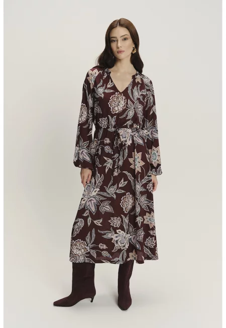 Десенирана рокля с регулираща се талия - Бордо/Лавандула/Бежов