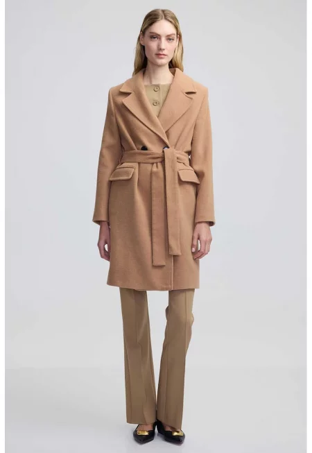 Двуредно дълго палто с вълна - Камел