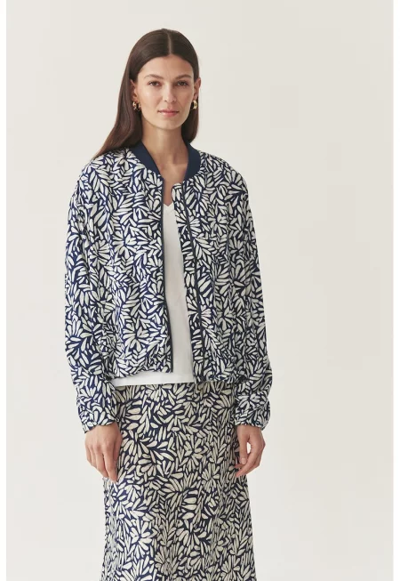 Флорално яке бомбър - Бял/Тъмносин