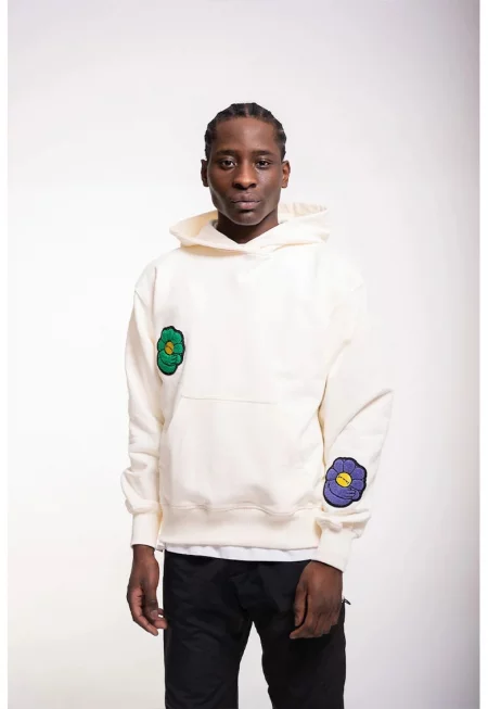 Извънгабаритен суитшърт с преден джоб и 3D флорален принт - Крем