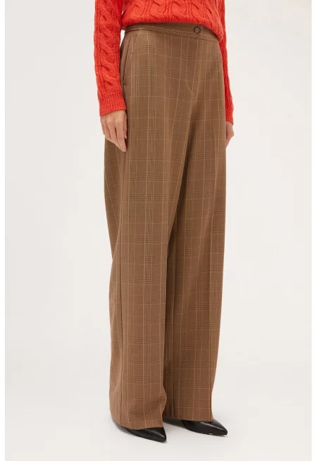 Кариран панталон с широк крачол - Камел