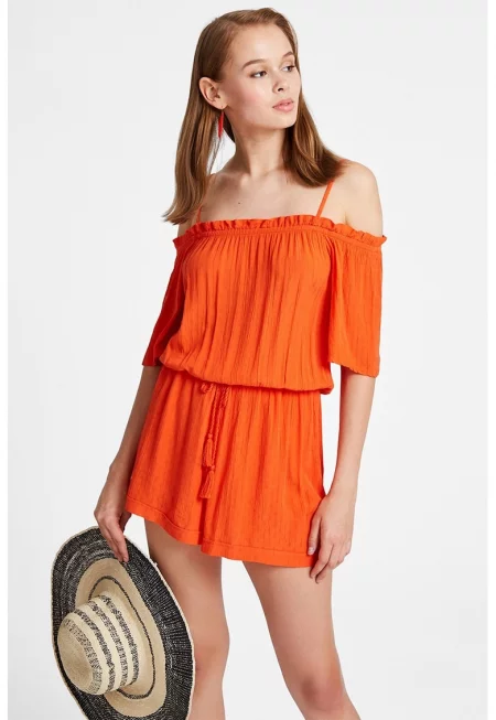 Къс гащеризон с отворени рамене - Мандарина
