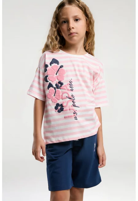 Къс свободен спортен екип с връзка на талията - Бял/Светлорозов