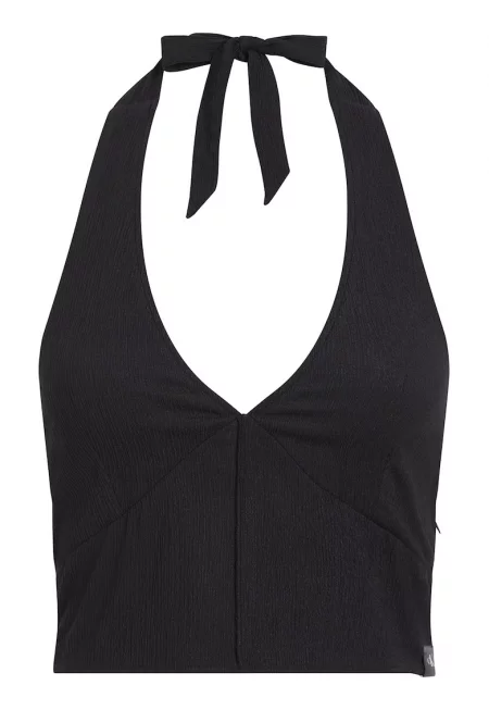 Къс топ с шпиц и презрамка през врата - Черен