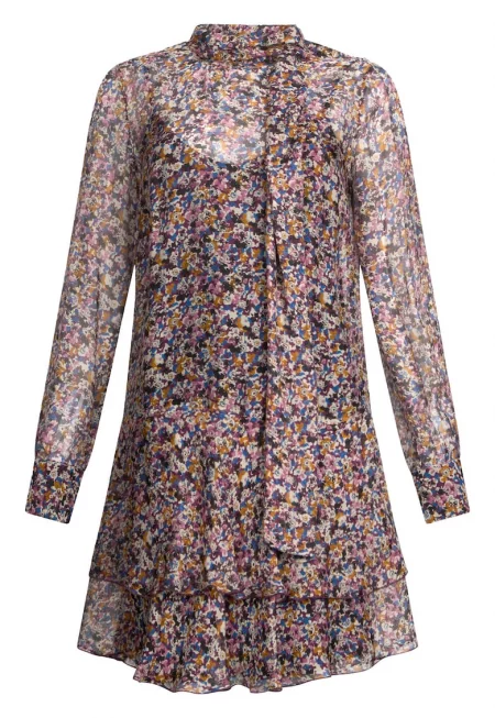 Къса флорална рокля с коприна - Розово/Син